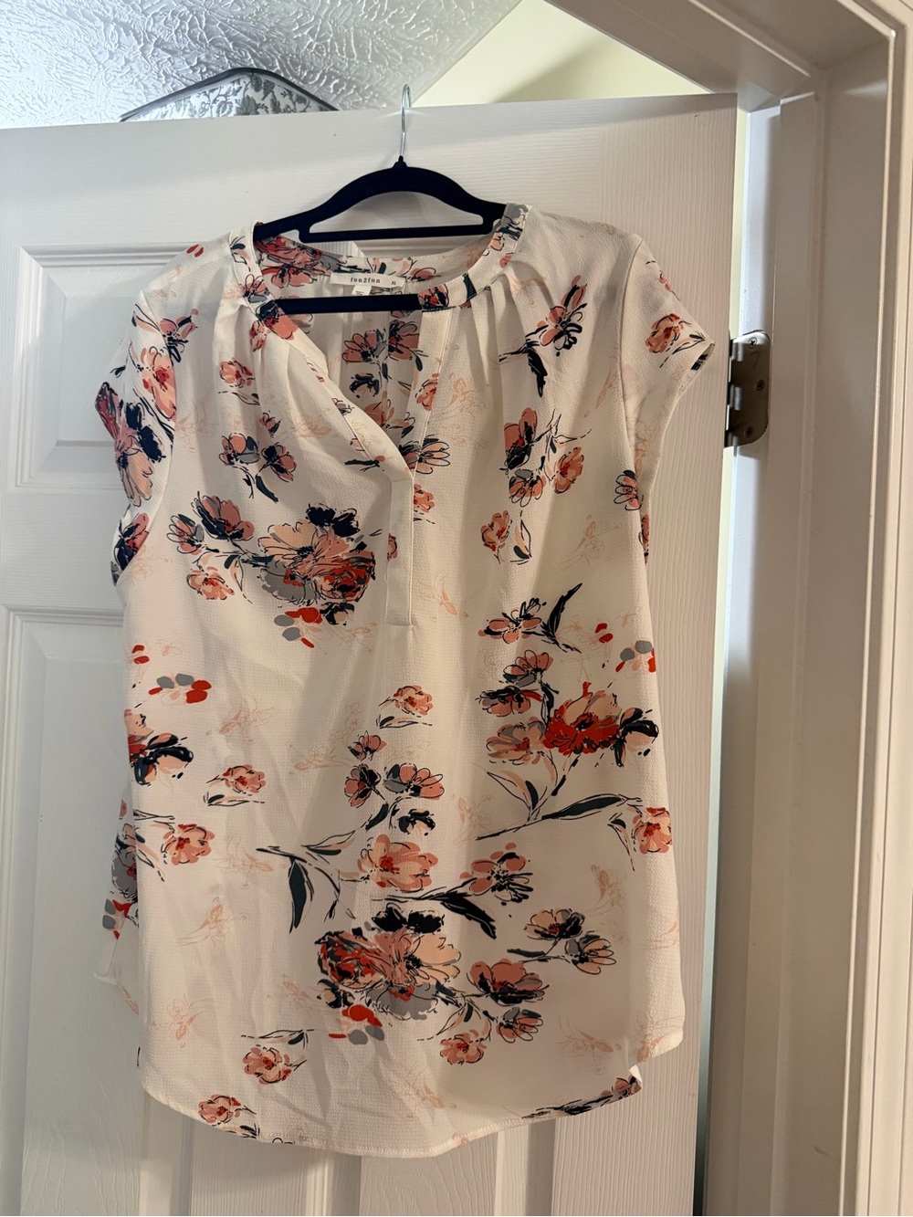 fun 2 fun Cream Floral Split-Neck Blouse with Coral and Navy Accents